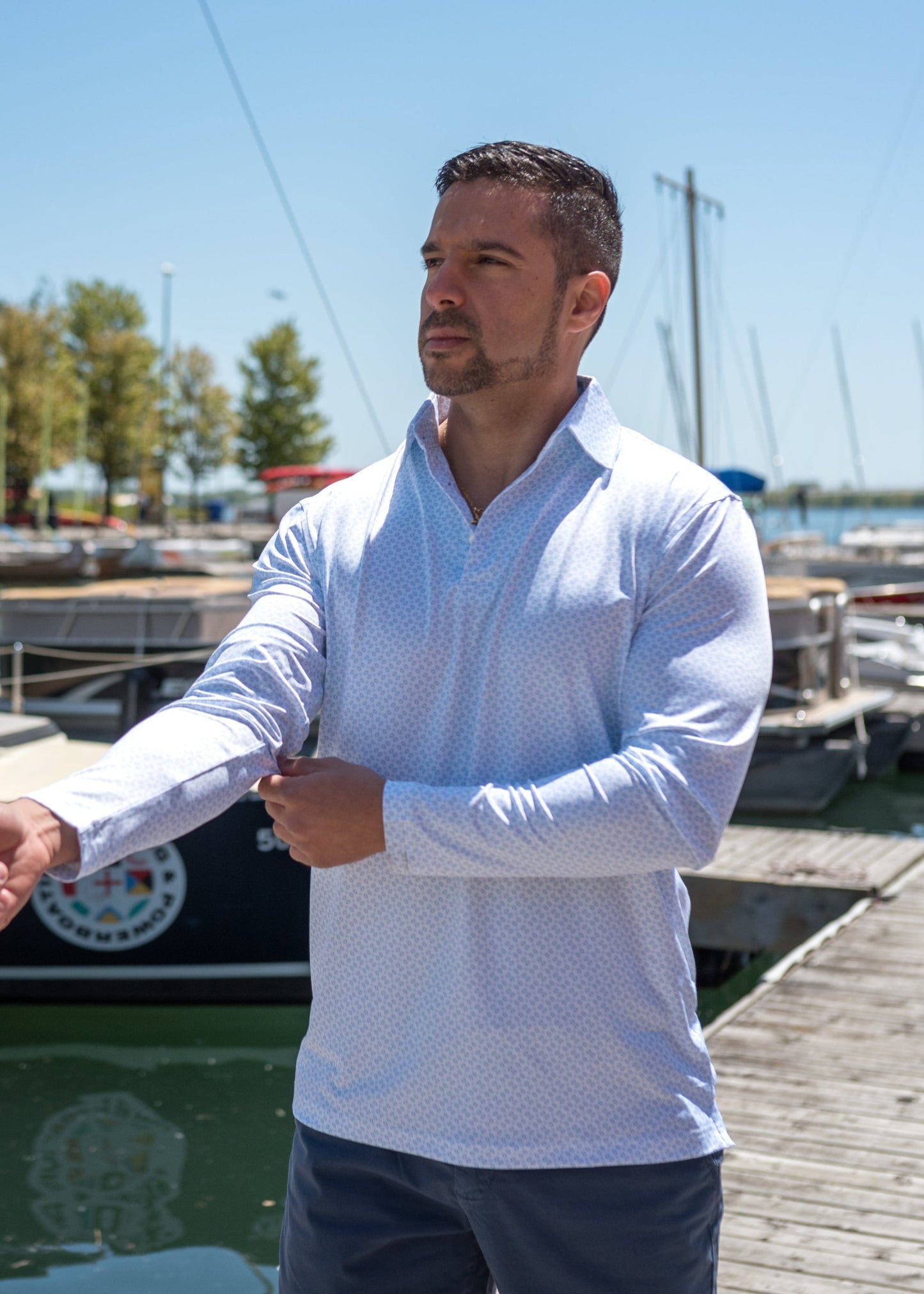 blue rice long-sleeve performance golf polo