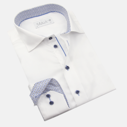 Solid White with Blue Geometric Trim Dress Shirt