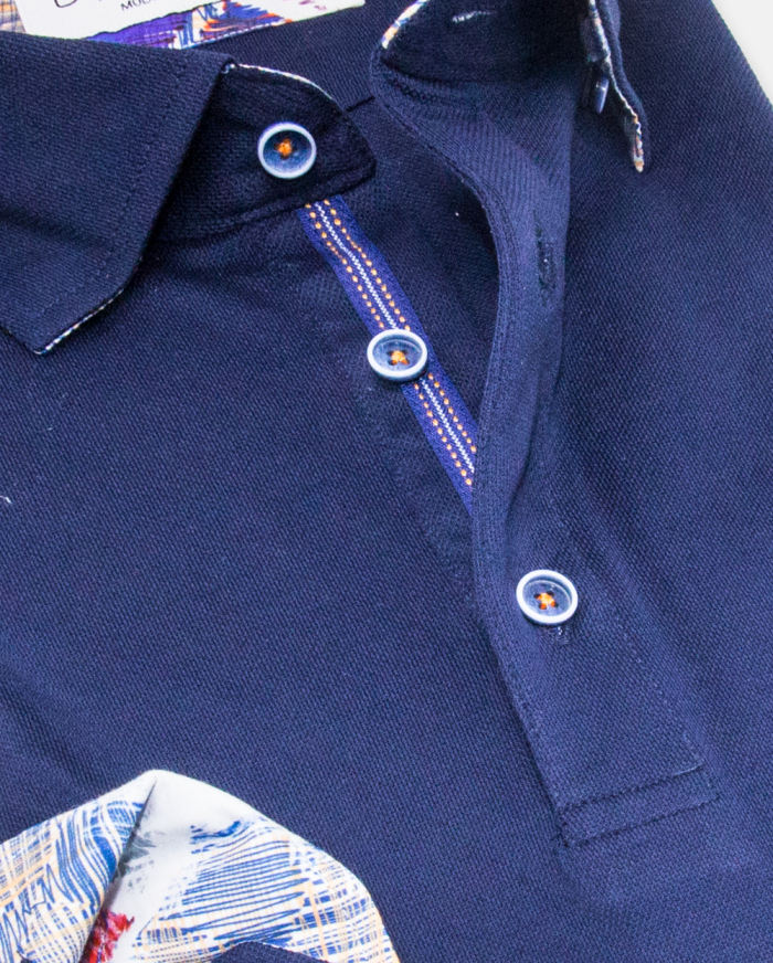 Navy Blue Abstract Trim Long Sleeve Polo Shirt